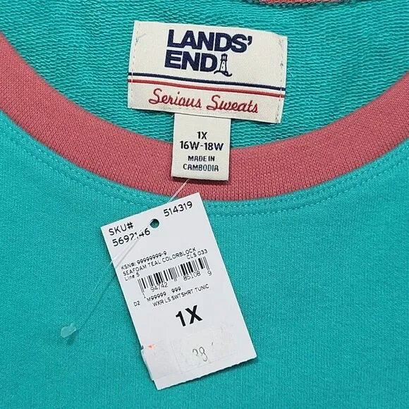 Lands End Womens Sweatshirt 1X Plus Sz Teal Colorblock Serious Sweats Pullover - Picture 8 of 10